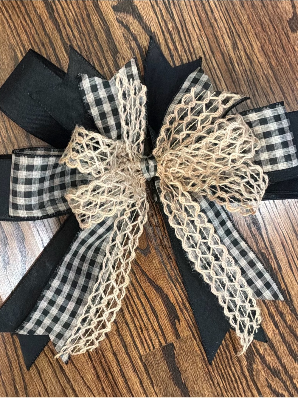 Black, Natural Decorative Bow with Gingham and Jute